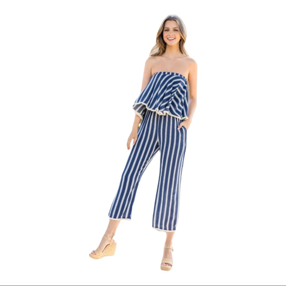 THML Ruffle Jumper in Striped Navy White Sailor Nautical Jumpsuit Size M